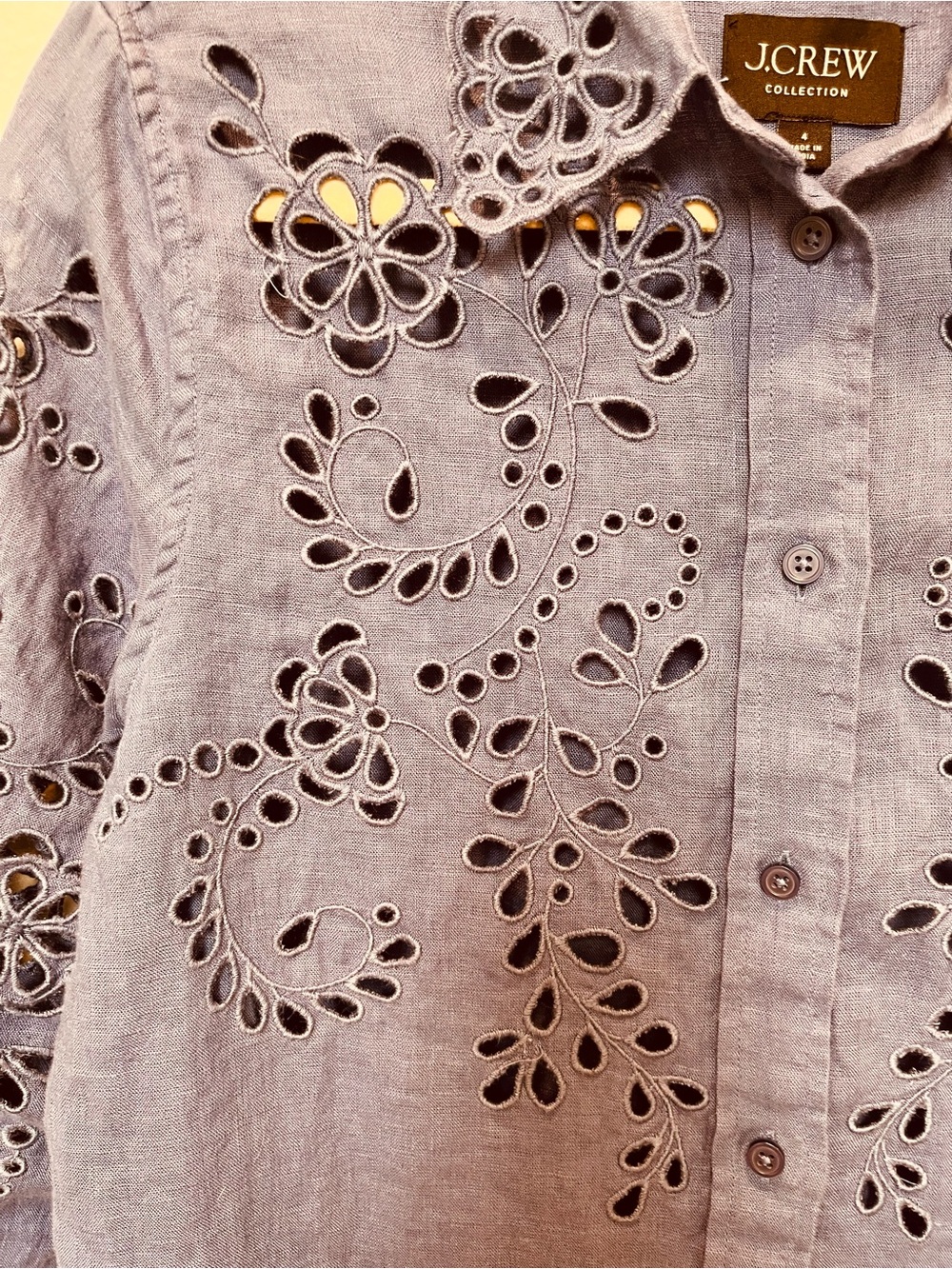 Womens Blue Linen  Eyelet Cutout Button-Up Blouse - Picture 11 of 11